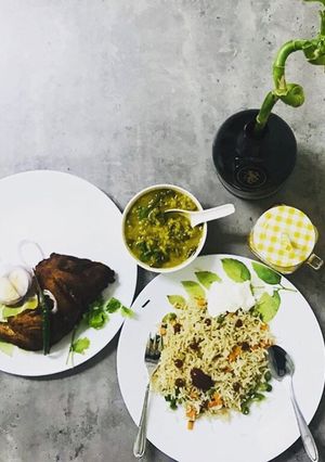 A picture of Easy veg fried rice with kerala style chicken fry and dal palak curry.
