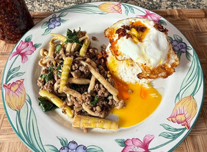 A picture of Stir-fry ground pork with bamboo shoots mushroom and basil.