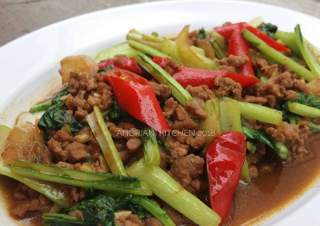 Tumis daging cincang sawi hijau