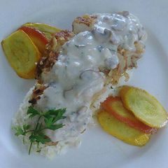 A picture of Pan Fried Chicken with Mushroom Sauce.