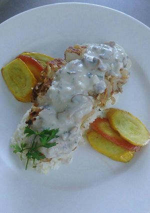 A picture of Pan Fried Chicken with Mushroom Sauce.