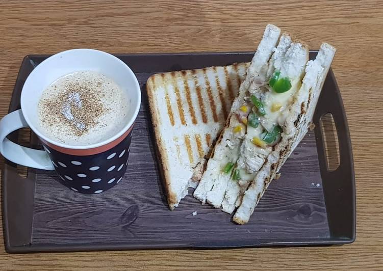 Chicken cheese grilled sandwiches with cappuccino
