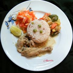 A picture of Peas Pulao with Milk based Chicken Rezala.