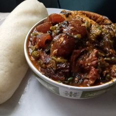 A picture of Ogbonno, okra and Bitter leaf soup.