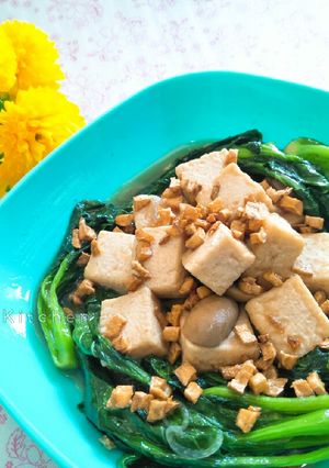 A picture of Stir Fried Chinese Kale with Tofu and Mushrooms.
