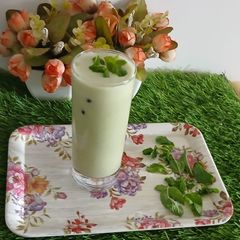 Mint and fennel, jaggery, salty lassi A picture of Mint and fennel, jaggery, salty lassi.