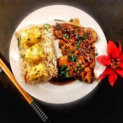 A picture of Teriyaki Chicken with Teriyaki Rice.