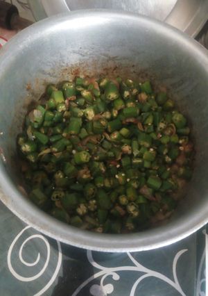 A picture of Mom's bhindhi recipe.