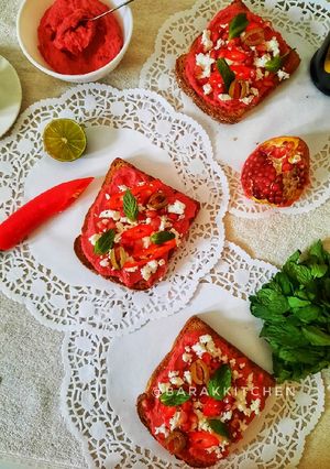 A picture of Beetroot Hummus Breakfast Toast.