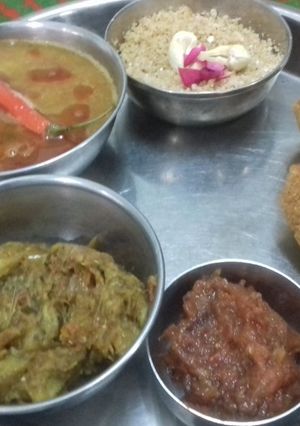 A picture of Daal baafle,churma,tamatar ki chutney and baigan ka bharta.