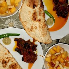 Bhindi chicken,fruit salad &homemade yogurt A picture of Bhindi chicken,fruit salad &homemade yogurt.