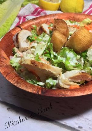 A picture of Chicken Caesar salad.