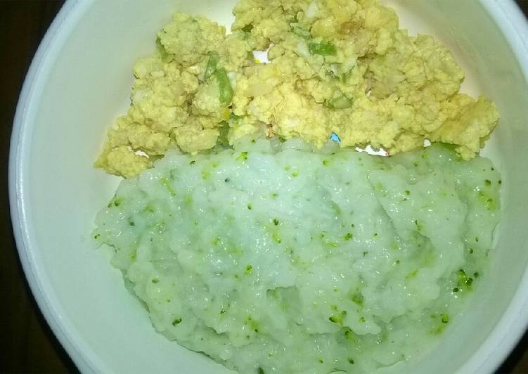 Cara memasak Day. 60 Bubur Brokoli Tumis Telur dan Nila (7 month+)