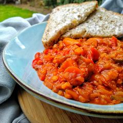 A picture of Red Vegetable Stew With Pearl Barley & Split Peas.