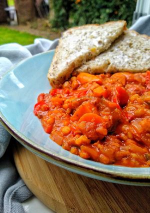 A picture of Red Vegetable Stew With Pearl Barley & Split Peas.