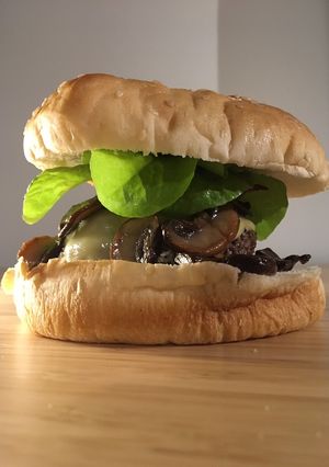 A picture of Cheeseburger with Mushrooms and Bacon.