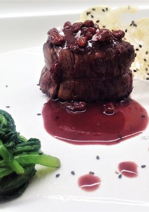A picture of Beef Tenderloin with Pinot Noir Cream.