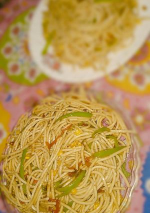 A picture of Vegeies and corn Hakka Noodles.