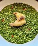 Risotto con pesto di cime di rapa piccanti e,pagello fritto