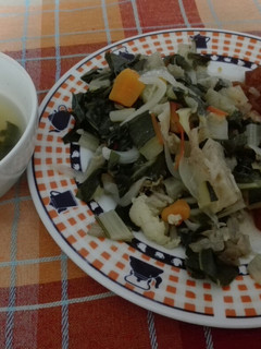 Una foto de Guiso de Cochayuyo y Verduras hervidas + Sopita. Menos de 100cal