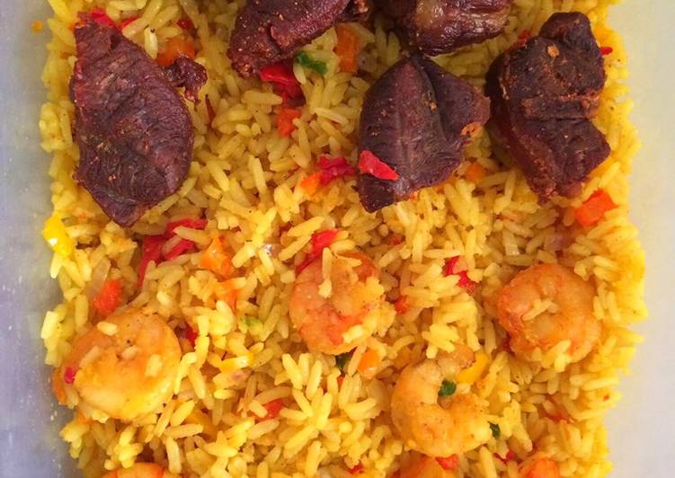 Shrimp stirred fried rice and fried beef