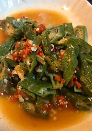 A picture of Ladies fingers stir-fry with homemade sambal.