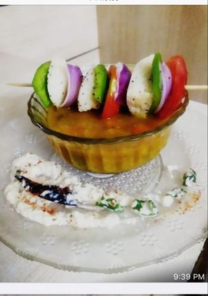 A picture of Idli tikka with sambar dip.