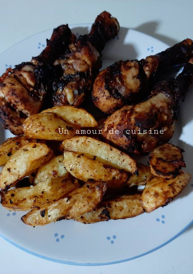 Une photo de Pilons de poulet et pommes de terre rotis au air fryer 🍗🍟