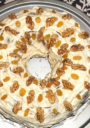 A picture of Banana Bread with Walnuts and Golden Raisins.