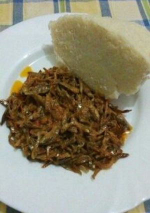 A picture of Fried Omena with Ugali.