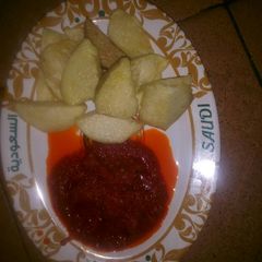 A picture of Fried yam and stew.
