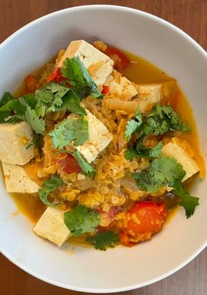 A picture of Tofu and Red Lentil Curry.