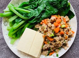 Hình của món Thịt bằm xào cà rốt+ đậu hũ,rau cải luộc(eatclean).