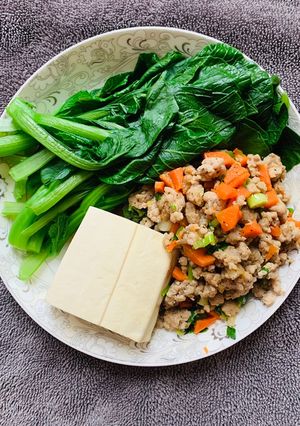 Hình của món Thịt bằm xào cà rốt+ đậu hũ,rau cải luộc(eatclean).