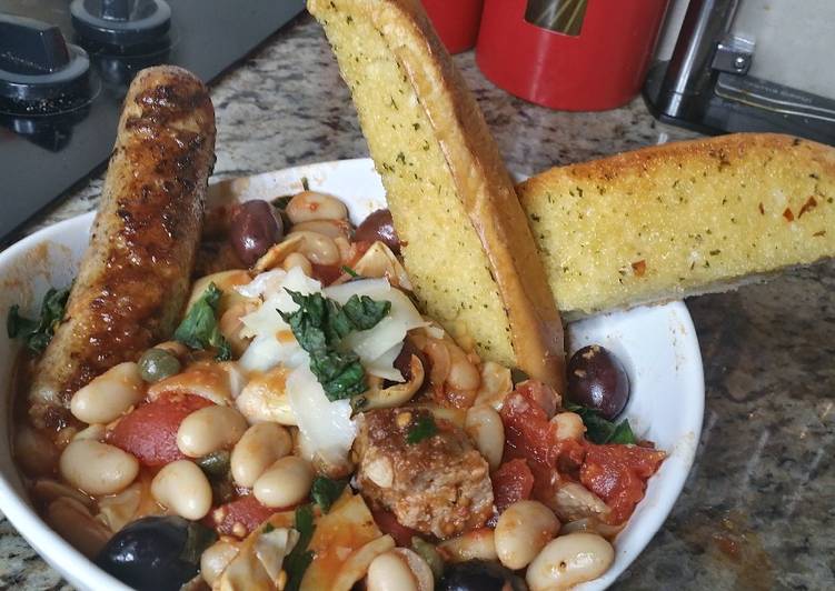 Steps to Make Ultimate Grilled Sausage and Cannellini Beans Puttanesca w/ Garlic Bread