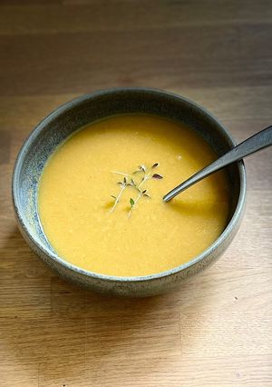 A picture of Sweet Potato and sweetcorn soup 🍠.