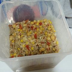 A picture of Turkey, Chick pea, brown rice dish.