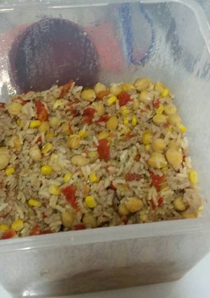 A picture of Turkey, Chick pea, brown rice dish.