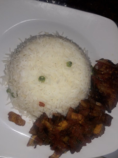 A picture of White rice and gizdodo sauce.