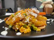 A picture of chorizo and shrimp paella