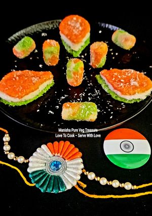 A picture of Tricolor Milk Coconut Mithai - Tirangi Doodh Nariyal Mithai.