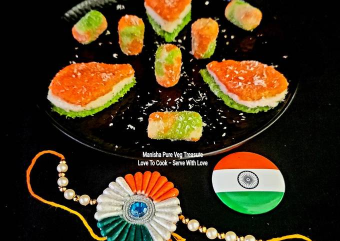 Tricolor Milk Coconut Mithai - Tirangi Doodh Nariyal Mithai Recipe by ...