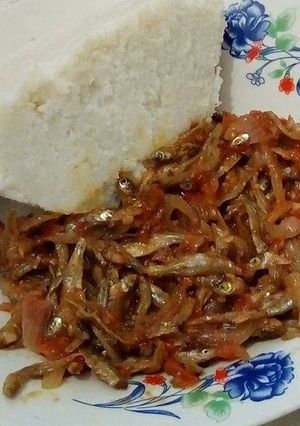 A picture of Fried Omena with Ugali.