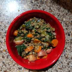 A picture of 10 ingredient, 1-pot lentil soup.