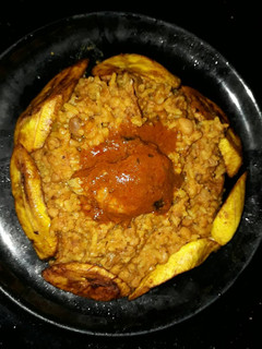 A picture of Rice and beans and plantains.