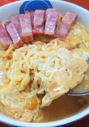 A picture of Korean Cheese Ramen with Steamed Egg (Microwave) - Soft Egg, Delicious Soup.