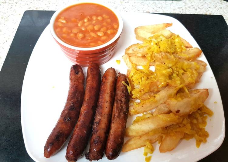 Simple Way to Prepare Quick Black Pepper Sausage, Beans. &amp; Cheesy Curry Chips. 👍