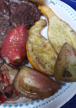 A picture of Grilled Tomatoes and Yellow Crook-necked Squash.