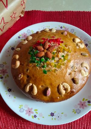 A picture of Plum cake -loaded with dry fruits (soaked in red grapes juice).