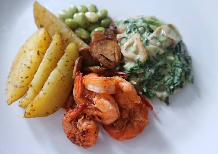 Resep Grill Shrimp with Creamed Spinach &amp; Mushroom, Enak
